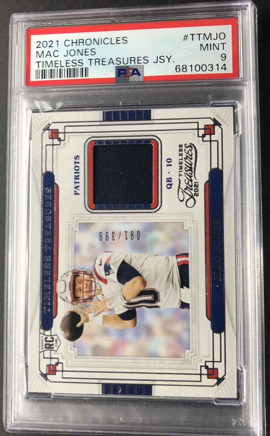 2021 Panini Chronicles Timeless Treasures Mac Jones Jersey Card #TT-MJO 399 MEM RC