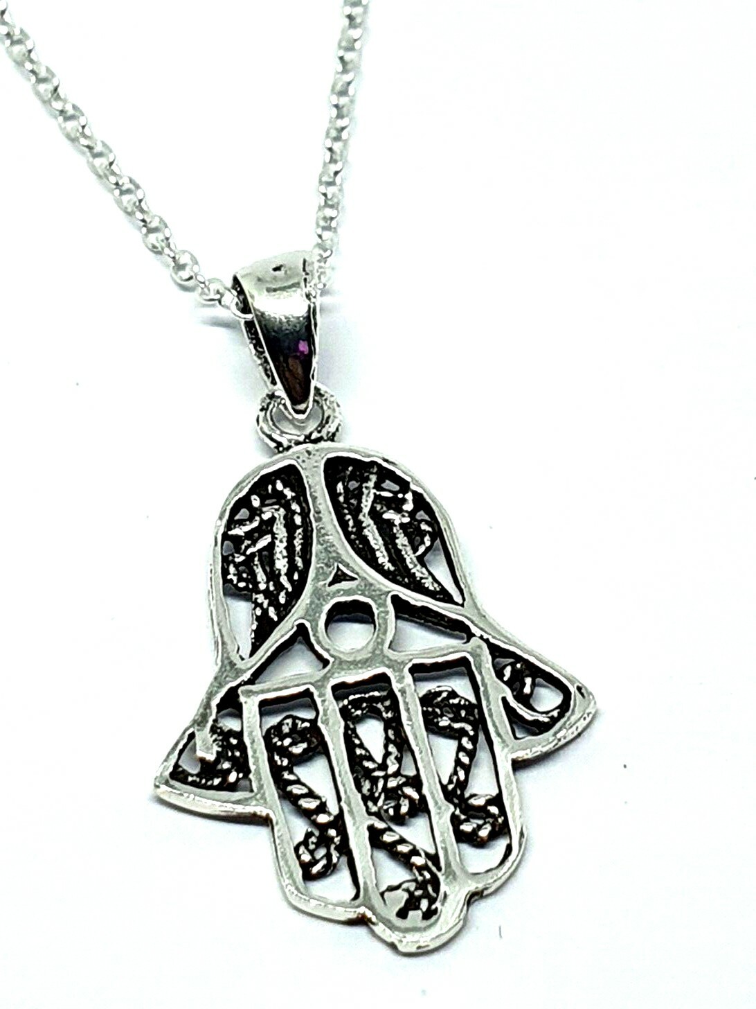 Hamsa Hand Of Fatima Necklace Pendant 18"" Chain 925 Sterling Silver Peace Symbol