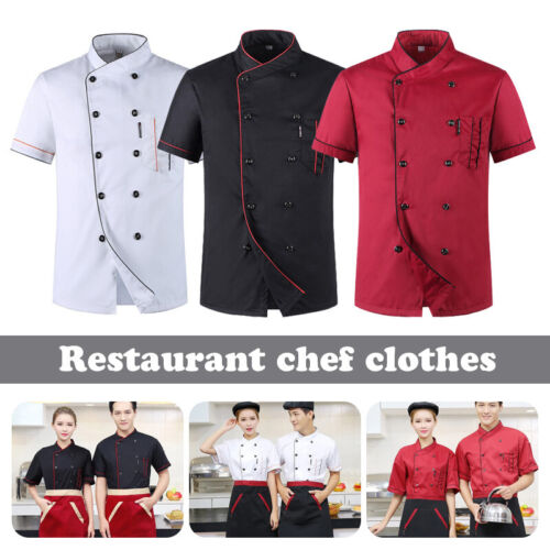 Men Women Chef  Shirt Kitchen Short Sleeve Work Wear   Catering Tops /Hat /Apron - Afbeelding 1 van 20