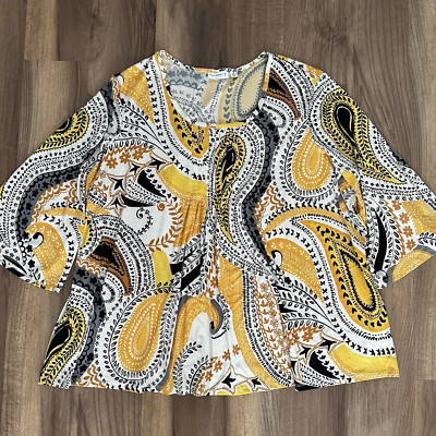 Susan Graver Plus 3X Liquid Knit 3/4 Bell Sleeve Top with Front Pleats Yellow