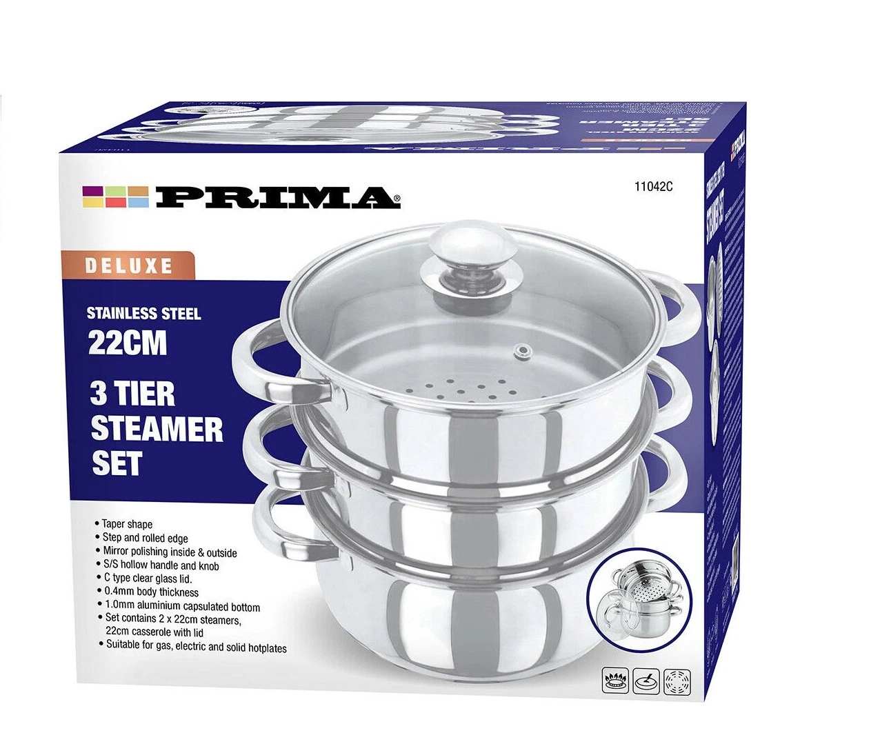 3 Tier Steamer 22cm Stainless Steel Cooker Pot Set Glass Lid Cookware Stove Top