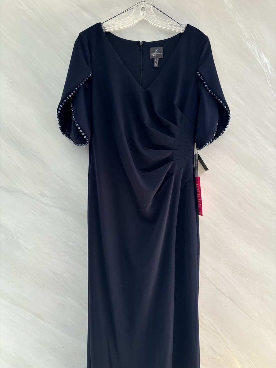 Adrianna Papell Midnight Blue Pearl Tulip Sleeve Crepe