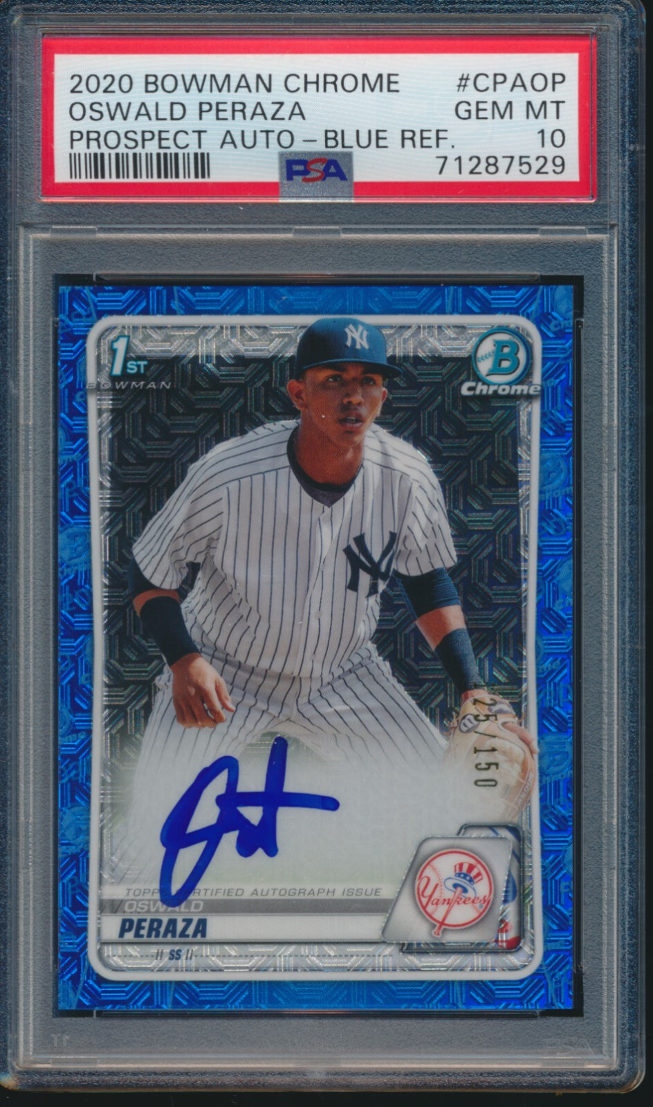 PSA 10 OSWALD PERAZA AUTO 1st 2020 Bowman Chrome BLUE REFRACTOR /150 RC GEM MINT
