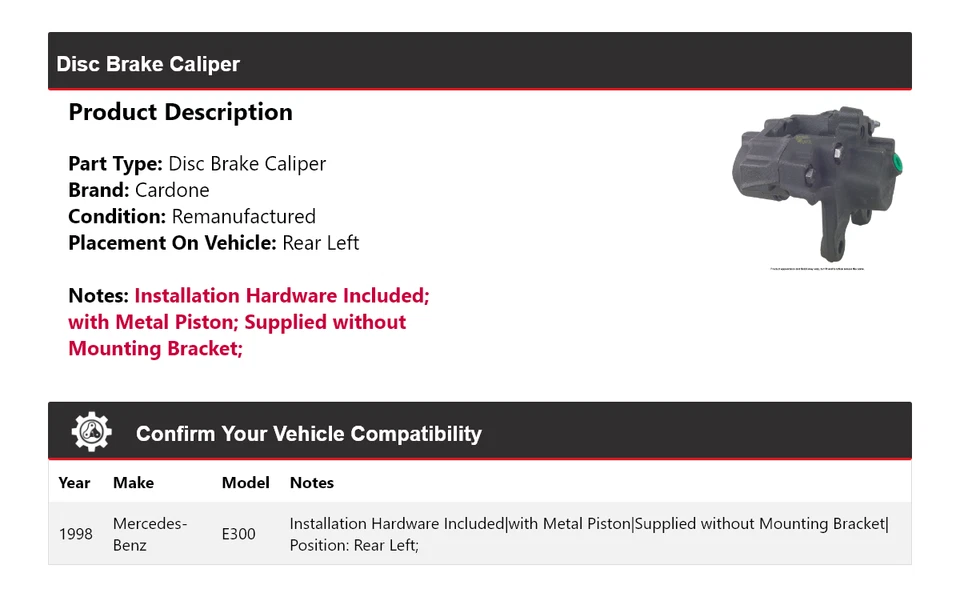 Pinza de freno de disco trasera izquierda cardone para Mercedes-Benz E300 1998 Foto 2 de 4