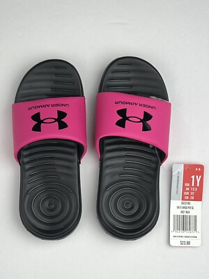 Under Armour Youth Sz 1Y Girl's Ansa Fixed Slides Pink  Black 3023793-002 Kids