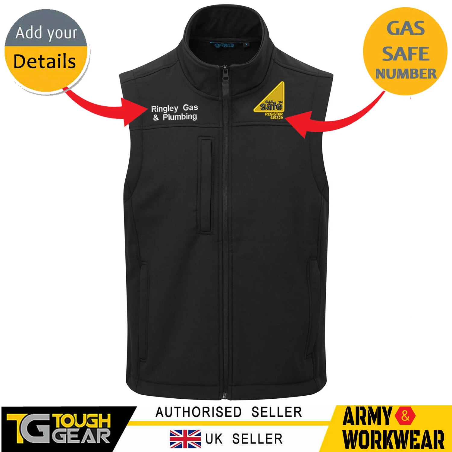 Personalised Gas Safe Embroidered Logo Softshell BodyWarmer Gilet Fleece Lined