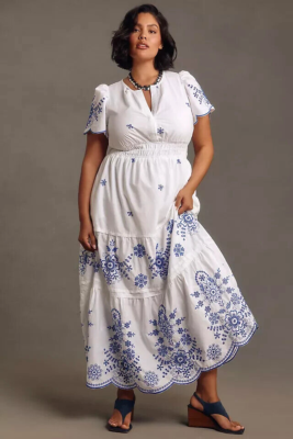 Anthropologie Somerset Eyelet Maxi Dress White Blue Tiered Summer Plus Sz  1X NEW | eBay