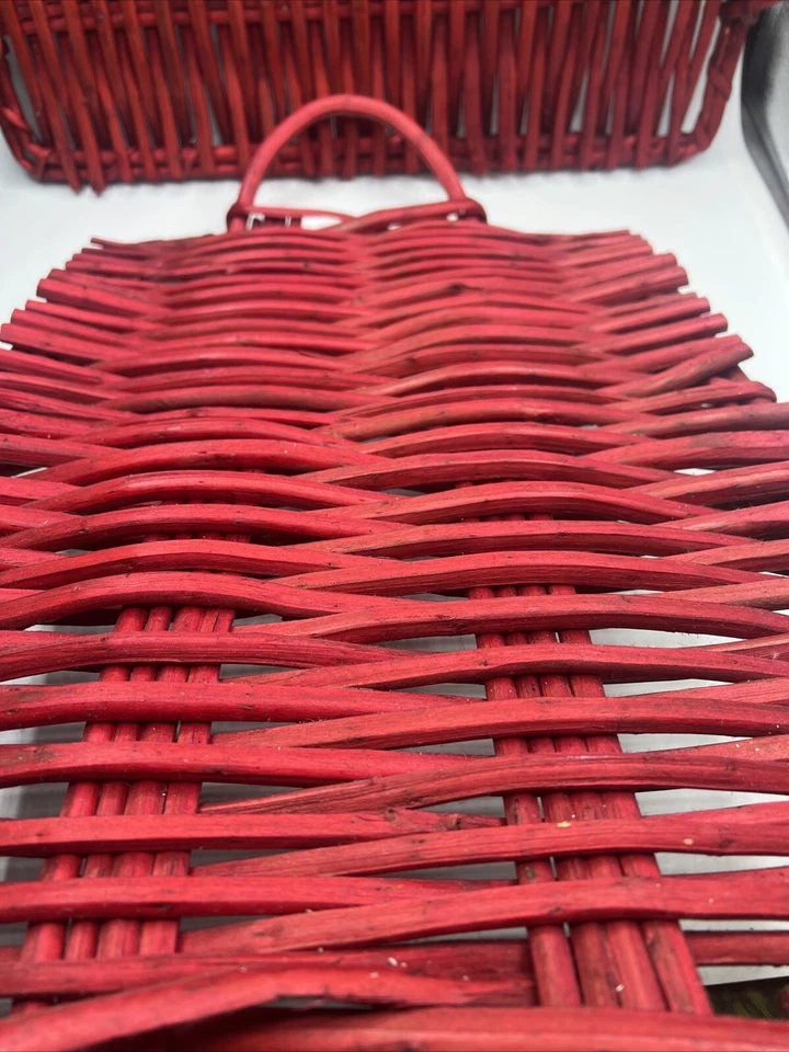Red Serving Tray Bent Rattan Wicker Handles Thick 24” X 14” Set Of 2 Vintage - Image 2 of 4