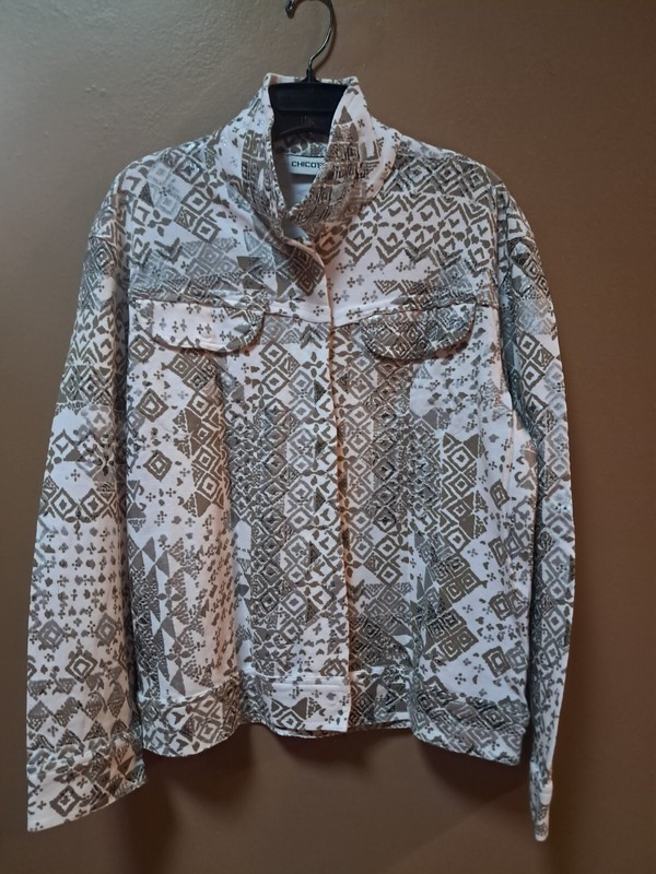 Chico's sz 2 Silver Metallic Gun Metal Gold Art To Wear 100% Cotton Jean Jacket 