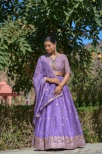 Indian Style Gold Crush Lehenga Choli With Purple Dupatta For Women Wedding Wear