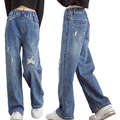 Mädchen Jeanshosen Loose Denim Hose Vintage Blau Gerade Hose Teenager Streetwear