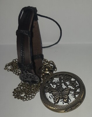 Quarz Taschenuhr + Lebensbaum Armband - Schmetterling Blumen Farbe Bronze