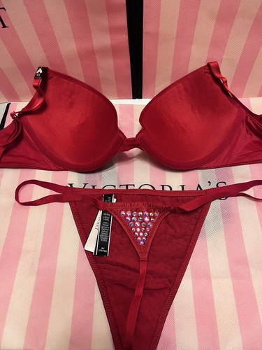 Victoria's Secret Very Sexy Bra Set Embellished Swarovski Bling 32C/Med Red HOT - Picture 4 of 5