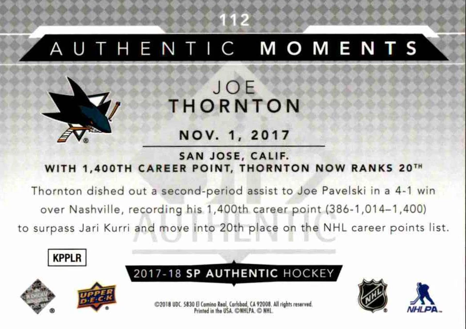 2017-18 Upper Deck SP Authentic Authentic Moments Joe Thornton #112 - Image 2 of 2