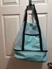 Insulated Beach Tote Bag Mesh Pool Tote w/ Zipper Cooler Bottom Large Aqua