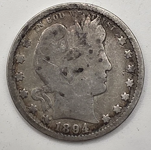 《Silver》1894 USA BARBER QUARTER -- .1808 OZ of SILVER!!!