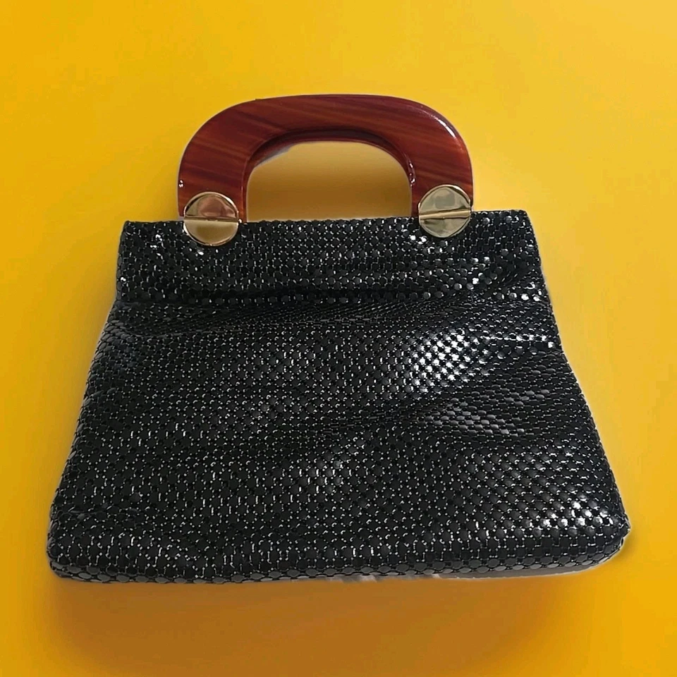 Vintage Whiting And Davis Black Metal Mesh Tote Purse Lucite Handles 1960's - Image 2 of 4
