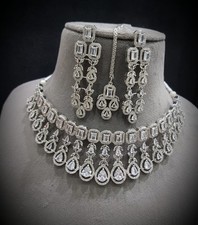 Indian Bollywood Silver Plated Ethnic AD CZ Jewelry Earrings Necklace Bridal Set