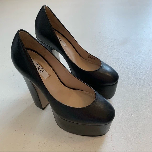 Zigi Cuero Negro Camilla Plataforma Bomba Tacones Altos Talla 7 Retro Tacones Muy Altos Foto 3 de 4