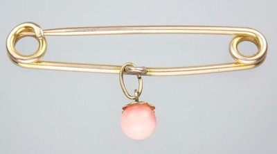 Lovely Antique Victorian Solid 9K Gold Coral Paste Safety Stock Pin Equestrian