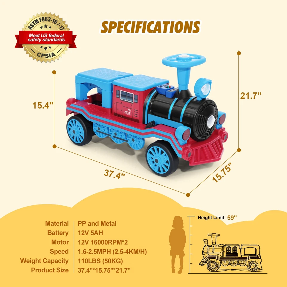 Grande Eléctrico 12V 2 Plazas Niños Azul Paseo en Tren 2 Velocidades, Música, Luces, Almacenamiento Foto 3 de 4