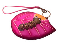 Leather Coin Purse-leaf with caterpillar- pink green yellow- key ring- zipper