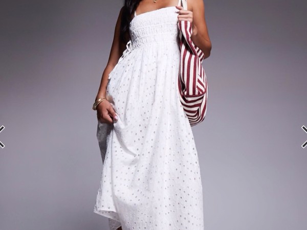 White Midi Dress River Island broderie baby doll  Shirred Bodice Size 12 Reduced