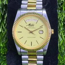 Rare Mido President Ocean Star Quartz datoday Beige Dial Two Tone Vintage Watch