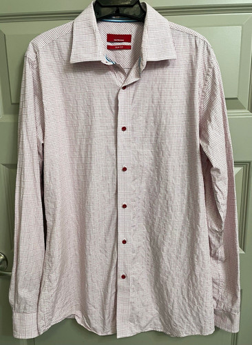 Saks Fifth Avenue RED Men’s Trim Fit Dress Shirt M 34/35 White Red Check
