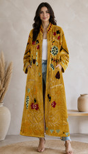 Mustard Velvet Suzani Coat Embroidered Floral Boho Long Gown  Boho Jackets US