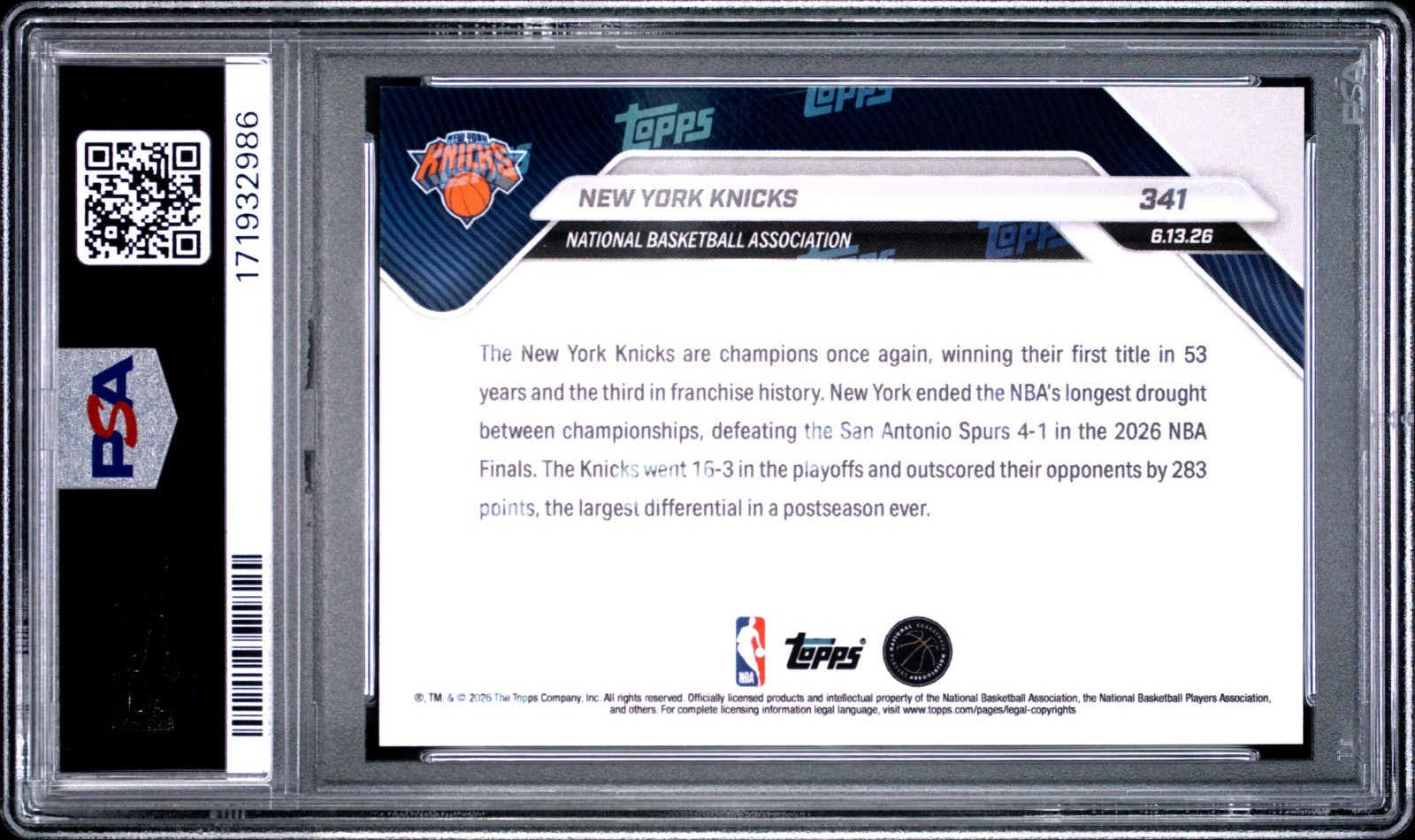 2025 TOPPS NOW #341 NEW YORK KNICKS PSA 10 GEM MINT - NBA CHAMPIONSHIP view 2