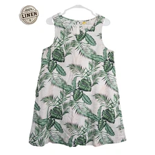 C&C California Women’s Large 100% Linen Dress White Green Leaves