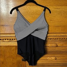 Nautical Modern Striped Wrap Front One Piece Swimsuit Black White Retro Inspired