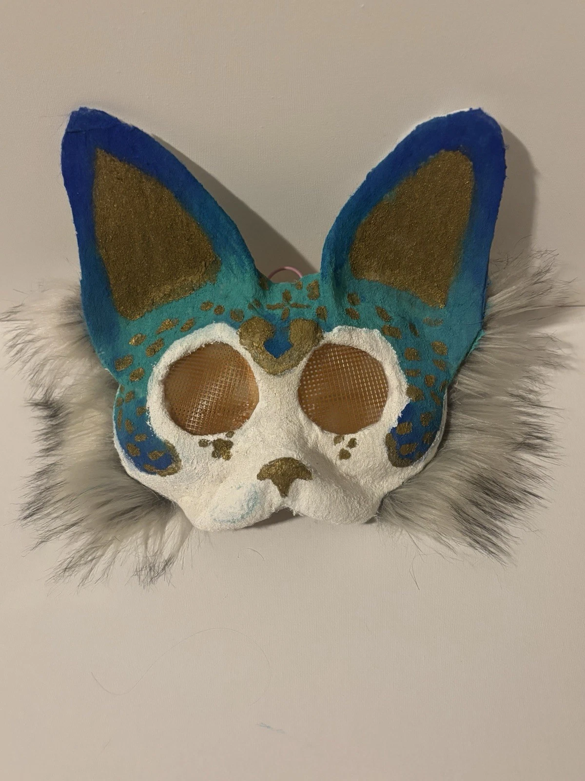 Gold And Blue Therian Cat Mask Furred Felted Semi Lined High Quality