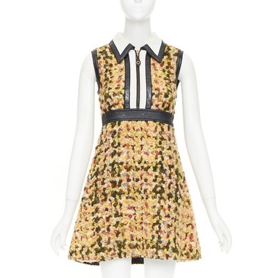 LOUIS VUITTON 2014 Runway yellow quilted tweed boucle black patent dress FR38 M