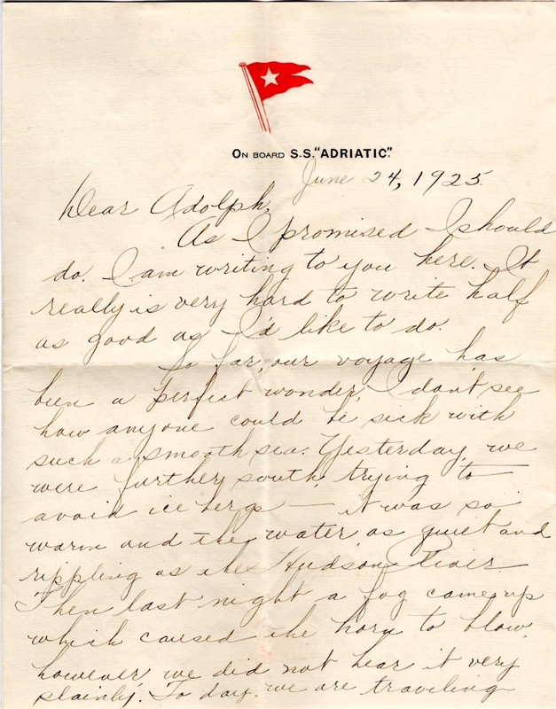 letter sent 1925 on board of the s. s. "adriatic"