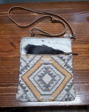 Myra Bag Cow Hide Leather/Cotton Western Purse W/ 22" Shoulder Strap Cross Body