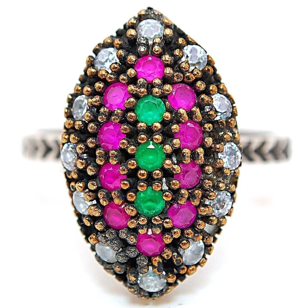 1CT Treated Emerald 925 Sterling Silver Ottoman Empire Style Ring Size 7 HB2-9