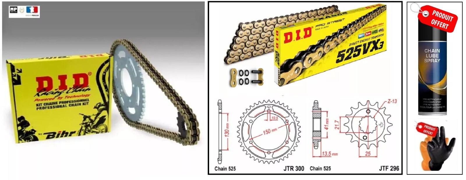 Kit transmission DID 525VX3 Or et Noir pour voyage en Honda Transalp 650