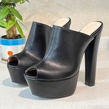 Women Platform Slingback Sandals Slippers Solid Block Heels Peep Toe Black Party