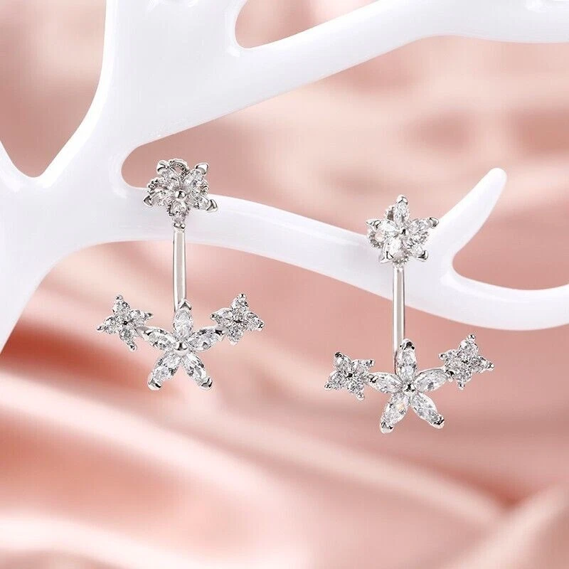 Impresionante Pendiente Escalador Elegante Diamante Simulado Marquesa Chapado en Oro Blanco 14k Foto 2 de 4