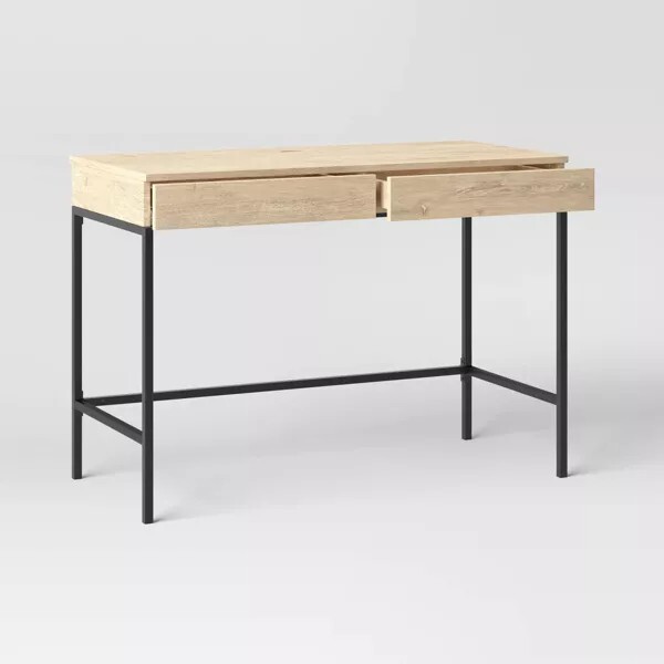 Loring Wood Writing Desk with Drawers Charging Station- light