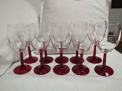 Set 10 Red Octogonal Stemmed Wine Glasses