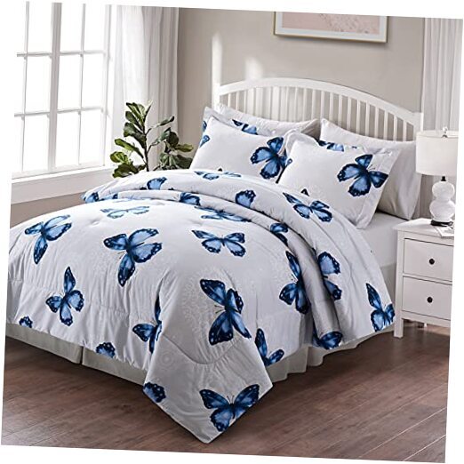 Butterfly Pattern Bed in A Bag Bedding 8 Piece Comforter Sets Full/Queen Blue