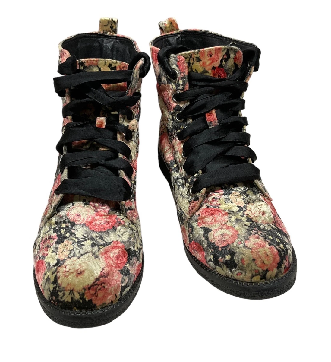Dirty Laundry Velvet Moto Floral Combat Boots Size 7.5 Ribbon Lace