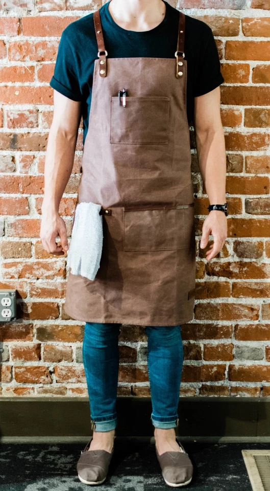 Premium Waxed Canvas Barista Apron - Genuine Leather Straps - Adjustable Size - Image 2 of 4