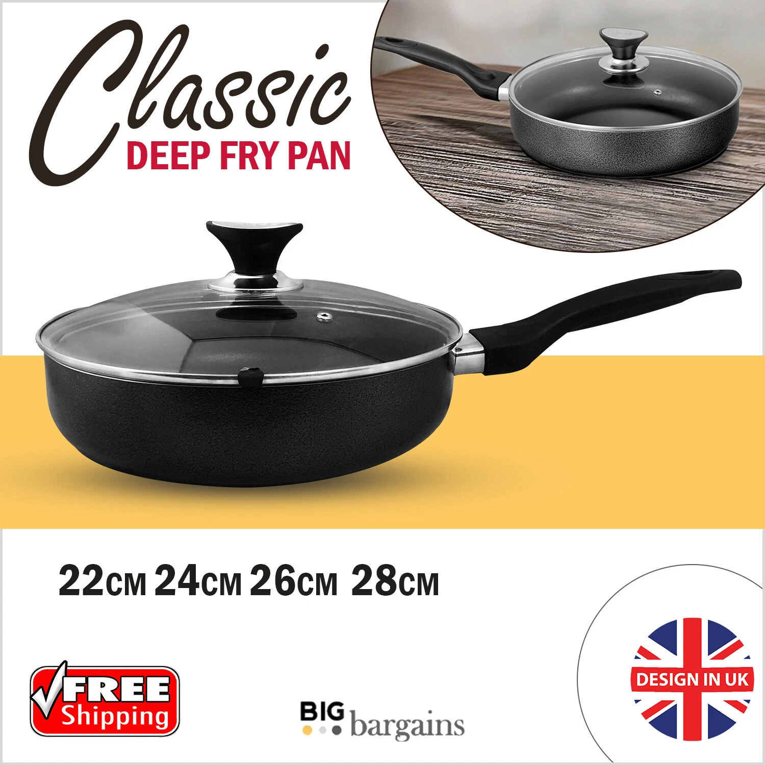 Aluminum Deep Fry Pan with Glass Lid Non Stick Insulated Handle 22cm-28cm Black