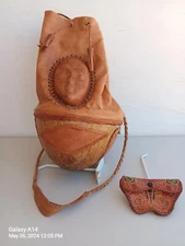 Vintage Handmade 3D Human Face Genuine Leather Purse Bag & 2 pocket Coin Purse 