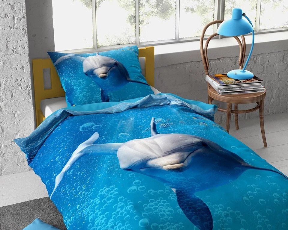 Set Housse de Couette 140x200+Taie Oreiller 100% Coton Enfant Dauphin Dolly Bleu - Photo 4/4