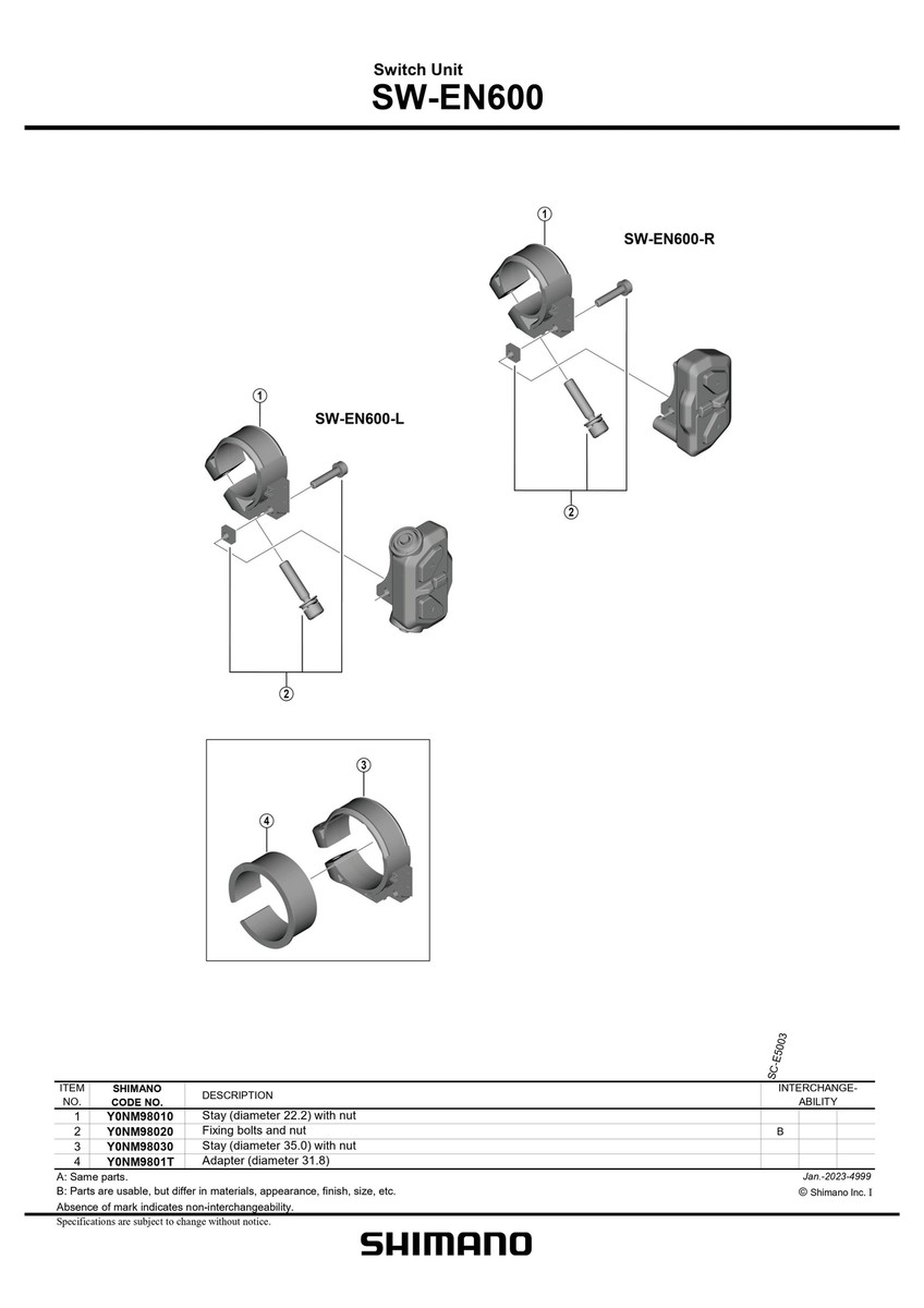 SHIMANO SW-EN600 Switch Unit Adapter Diameter 31.8 SHIMANO SW-EN600 Switch Unit Adapter Diameter 31.8